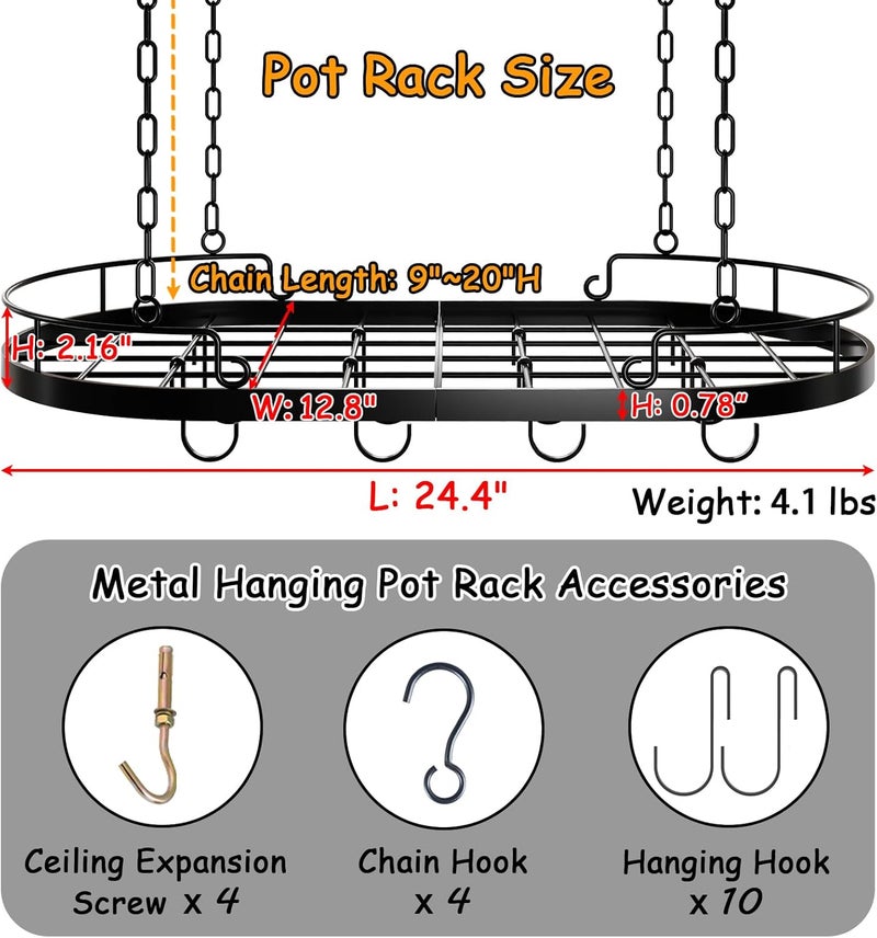 TICKCACY 24.4” Metal Pot Rack Hanging, Oval Pan Rack Hanging with Hooks, Heavy Duty Ceiling Pot Rack with Grid, Pot and Pan Hangers for Kitchen Cookware Utensils Toiletries, Easy Assembly, Black - Image 3